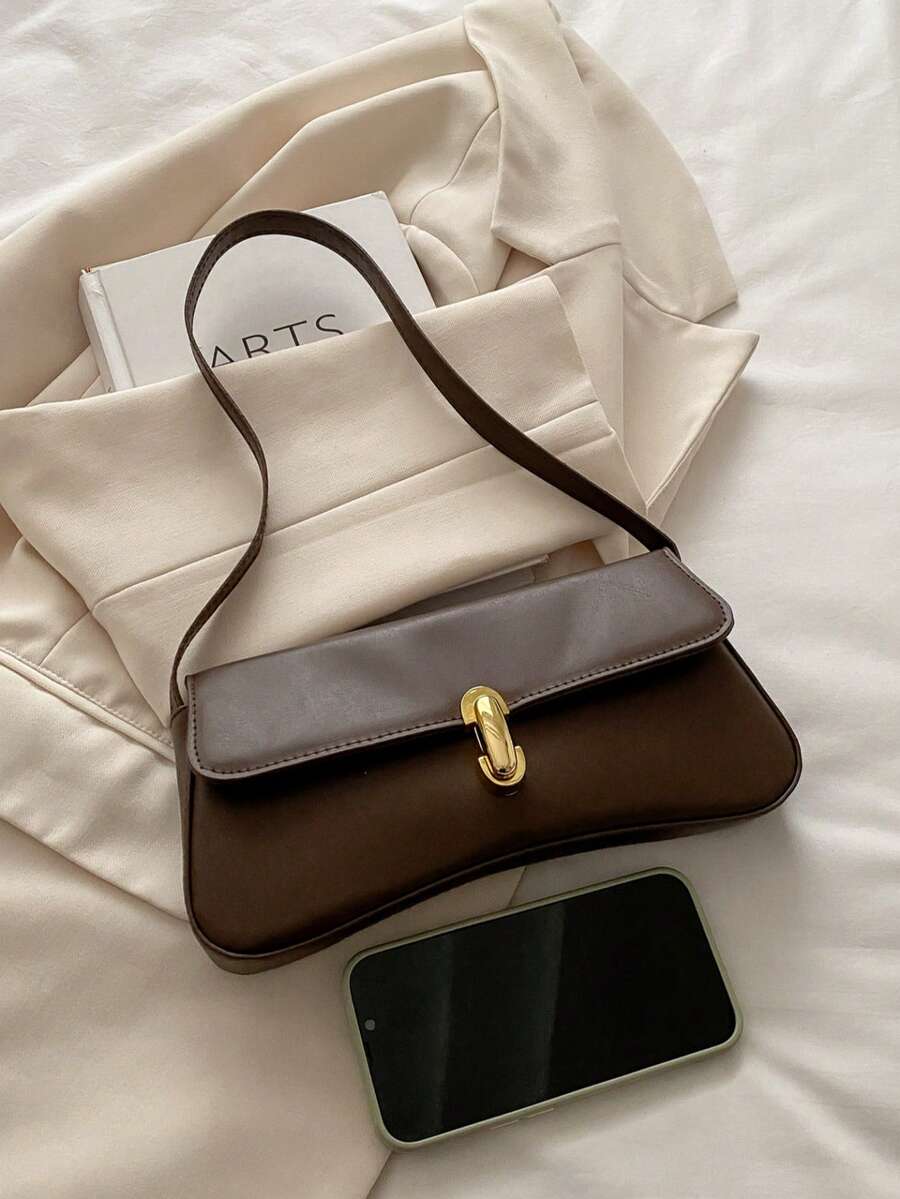Women's Coffee Brown Shoulder Bag Quiet Luxury Metal Decor Small Underarm Purse - Coffee Brown
