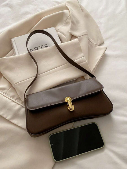 Women's Coffee Brown Shoulder Bag Quiet Luxury Metal Decor Small Underarm Purse - Coffee Brown