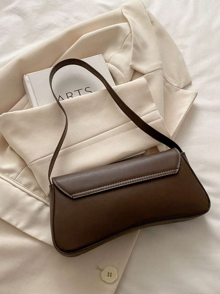 Women's Coffee Brown Shoulder Bag Quiet Luxury Metal Decor Small Underarm Purse - Coffee Brown