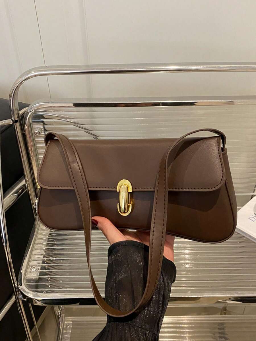 Women's Coffee Brown Shoulder Bag Quiet Luxury Metal Decor Small Underarm Purse - Coffee Brown