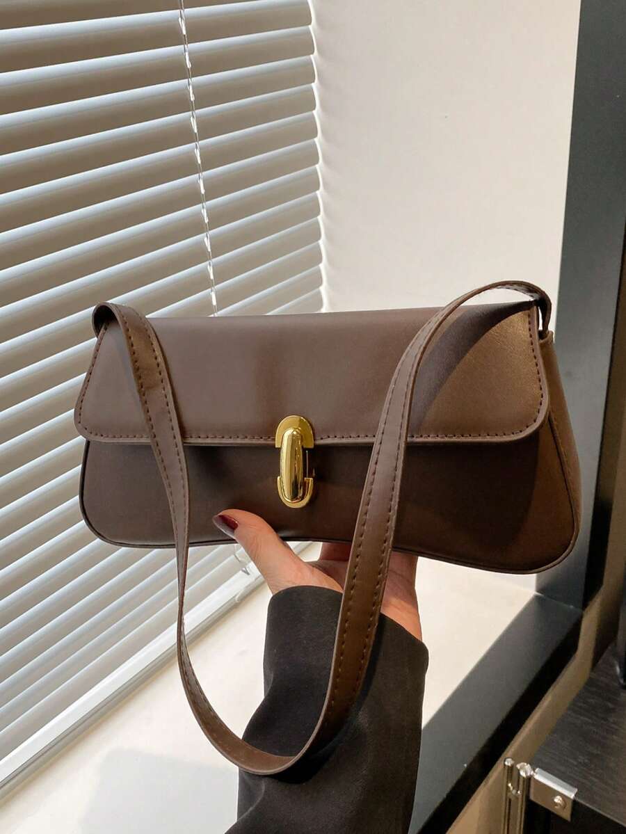 Women's Coffee Brown Shoulder Bag Quiet Luxury Metal Decor Small Underarm Purse - Coffee Brown