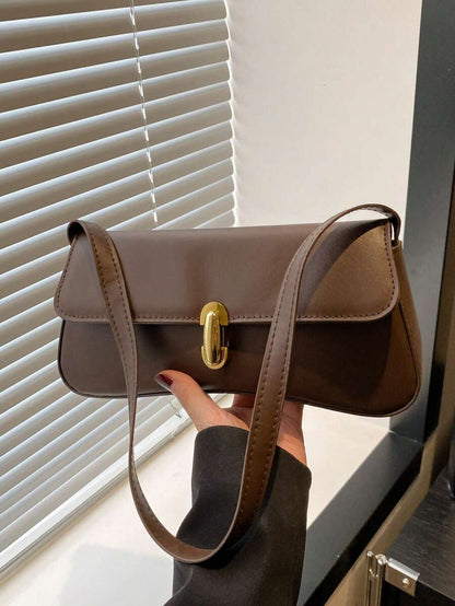 Women's Coffee Brown Shoulder Bag Quiet Luxury Metal Decor Small Underarm Purse - Coffee Brown