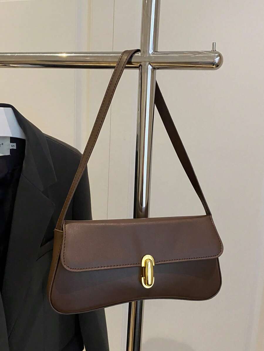 Women's Coffee Brown Shoulder Bag Quiet Luxury Metal Decor Small Underarm Purse - Coffee Brown