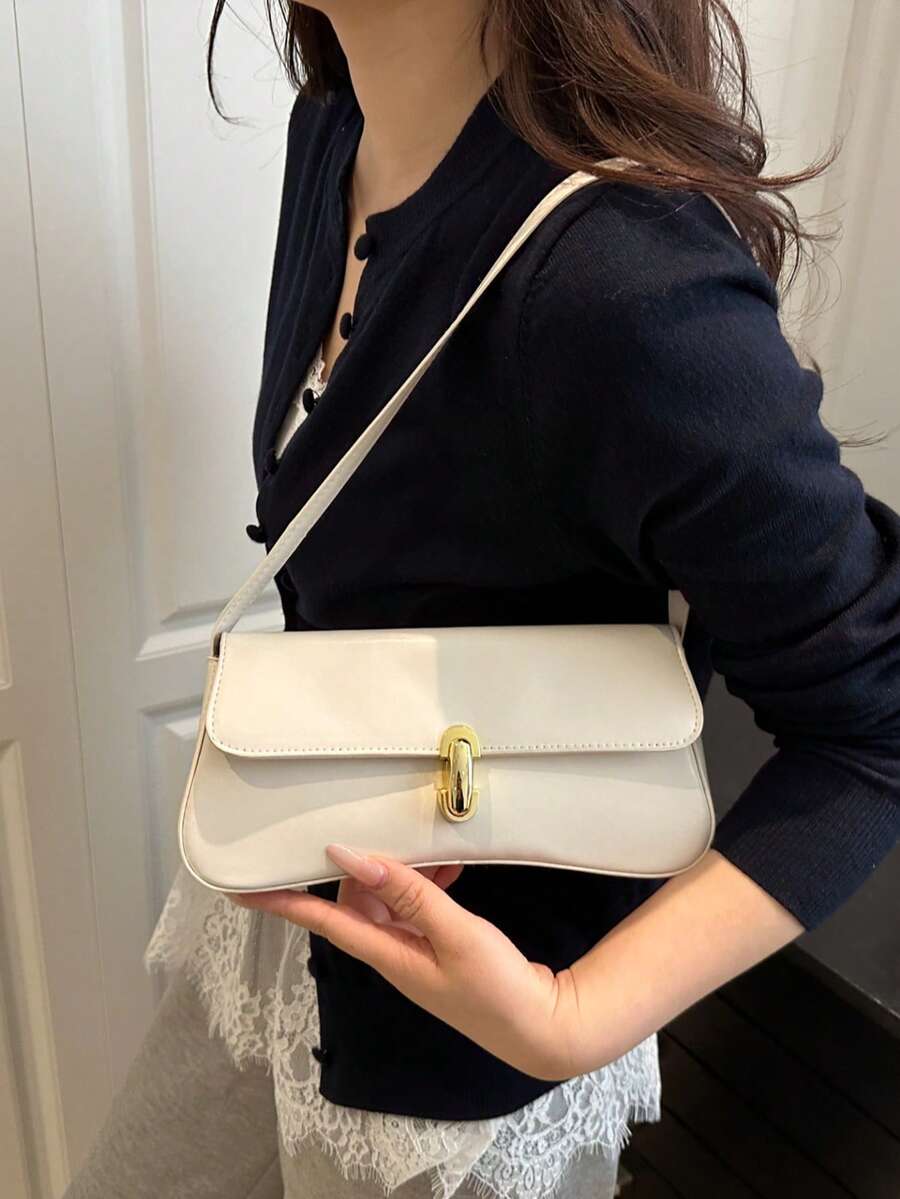 Women's Coffee Brown Shoulder Bag Quiet Luxury Metal Decor Small Underarm Purse - White
