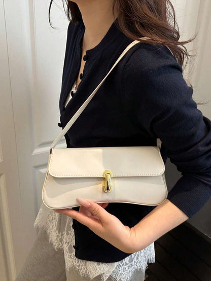 Women's Coffee Brown Shoulder Bag Quiet Luxury Metal Decor Small Underarm Purse - White