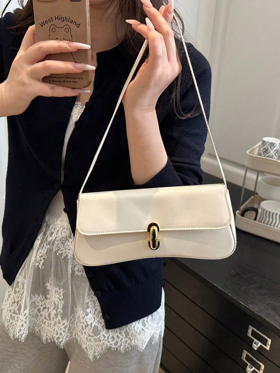 Women's Coffee Brown Shoulder Bag Quiet Luxury Metal Decor Small Underarm Purse - White