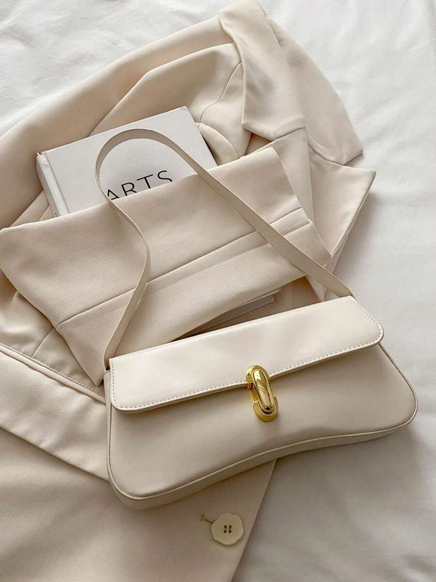 Women's Coffee Brown Shoulder Bag Quiet Luxury Metal Decor Small Underarm Purse - White
