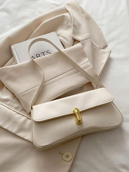 Women's Coffee Brown Shoulder Bag Quiet Luxury Metal Decor Small Underarm Purse - White