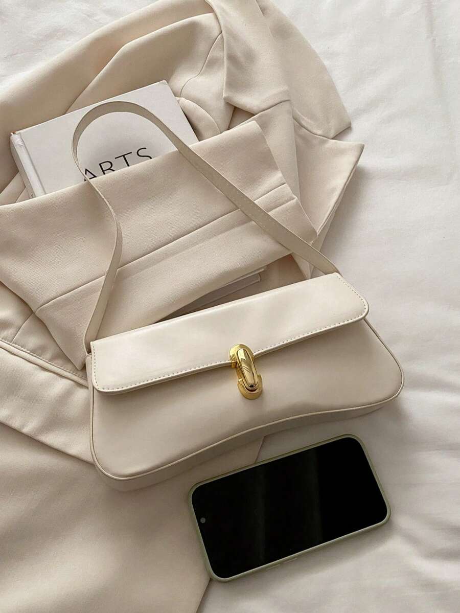 Women's Coffee Brown Shoulder Bag Quiet Luxury Metal Decor Small Underarm Purse - White