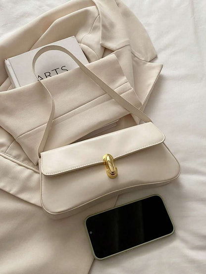 Women's Coffee Brown Shoulder Bag Quiet Luxury Metal Decor Small Underarm Purse - White