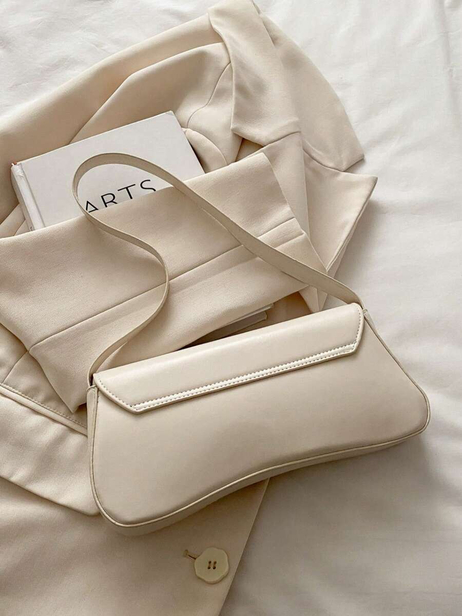 Women's Coffee Brown Shoulder Bag Quiet Luxury Metal Decor Small Underarm Purse - White