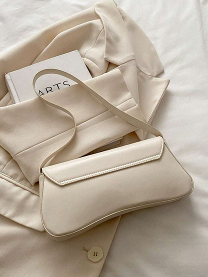 Women's Coffee Brown Shoulder Bag Quiet Luxury Metal Decor Small Underarm Purse - White