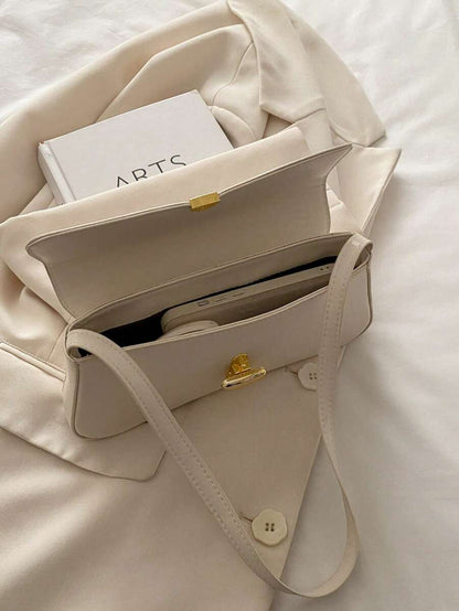 Women's Coffee Brown Shoulder Bag Quiet Luxury Metal Decor Small Underarm Purse - White