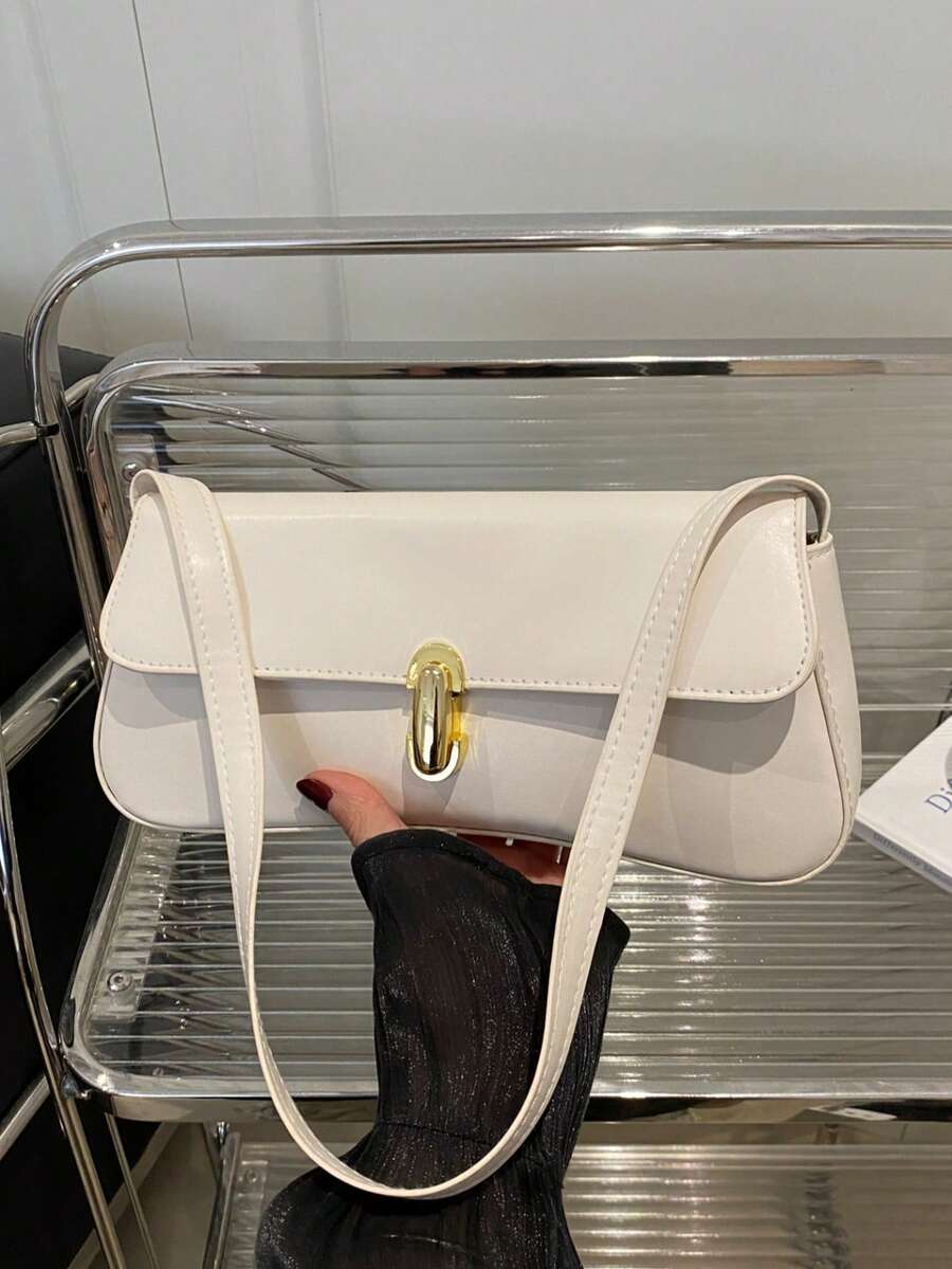 Women's Coffee Brown Shoulder Bag Quiet Luxury Metal Decor Small Underarm Purse - White