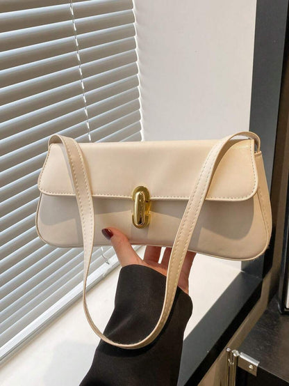 Women's Coffee Brown Shoulder Bag Quiet Luxury Metal Decor Small Underarm Purse - White