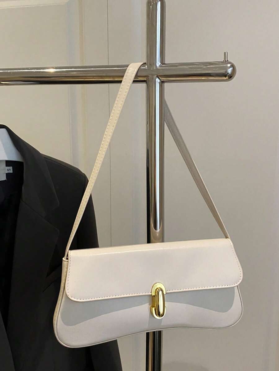 Women's Coffee Brown Shoulder Bag Quiet Luxury Metal Decor Small Underarm Purse - White