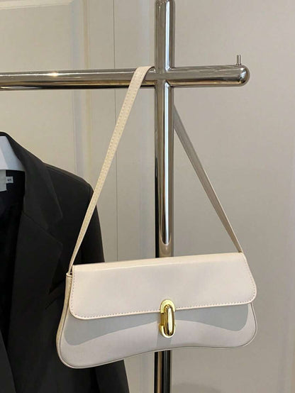 Women's Coffee Brown Shoulder Bag Quiet Luxury Metal Decor Small Underarm Purse - White