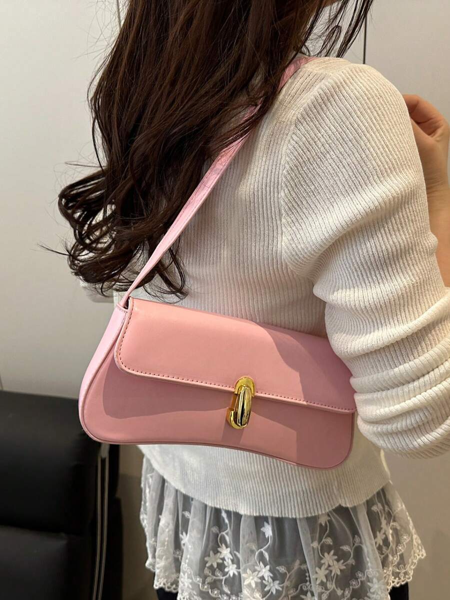 Women's Coffee Brown Shoulder Bag Quiet Luxury Metal Decor Small Underarm Purse - Pink