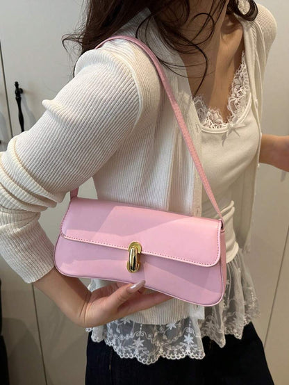Women's Coffee Brown Shoulder Bag Quiet Luxury Metal Decor Small Underarm Purse - Pink
