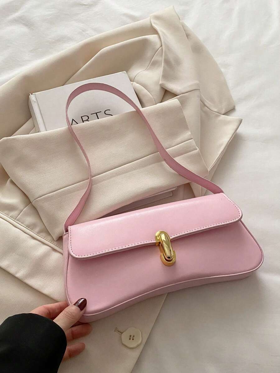 Women's Coffee Brown Shoulder Bag Quiet Luxury Metal Decor Small Underarm Purse - Pink