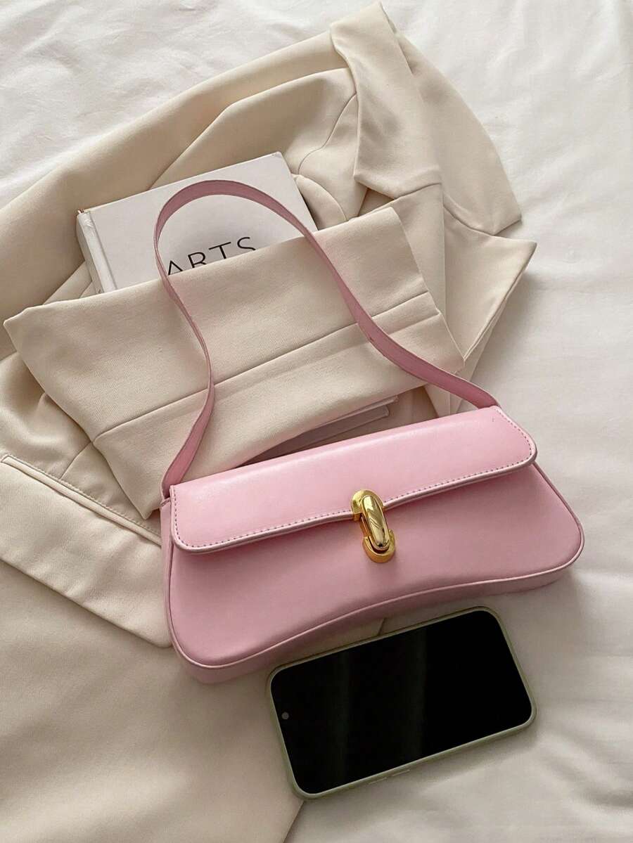 Women's Coffee Brown Shoulder Bag Quiet Luxury Metal Decor Small Underarm Purse - Pink