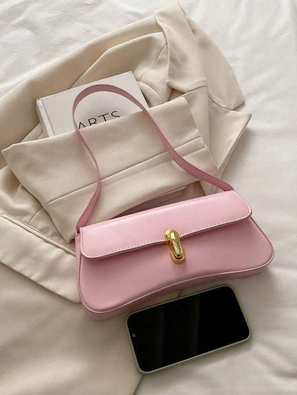 Women's Coffee Brown Shoulder Bag Quiet Luxury Metal Decor Small Underarm Purse - Pink