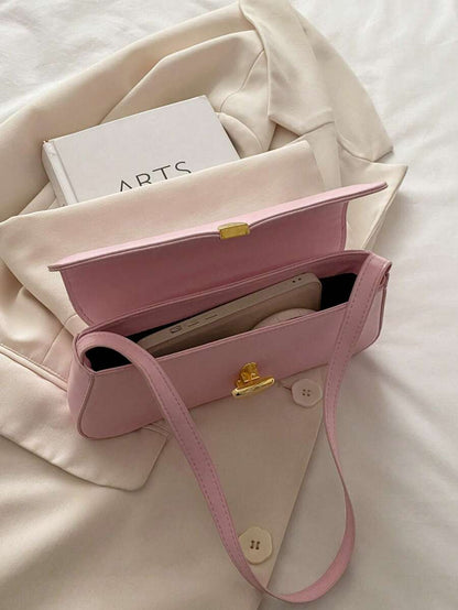 Women's Coffee Brown Shoulder Bag Quiet Luxury Metal Decor Small Underarm Purse - Pink