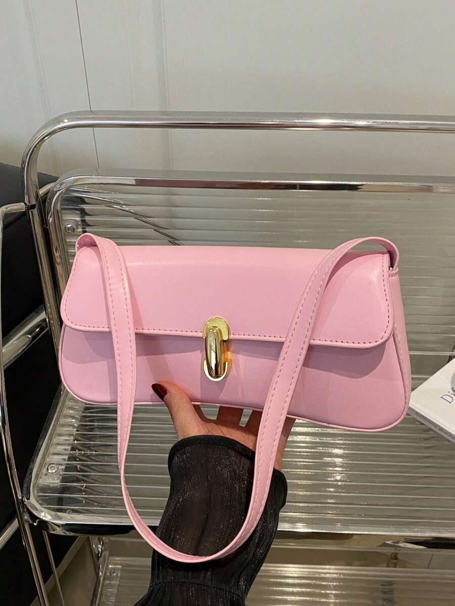 Women's Coffee Brown Shoulder Bag Quiet Luxury Metal Decor Small Underarm Purse - Pink