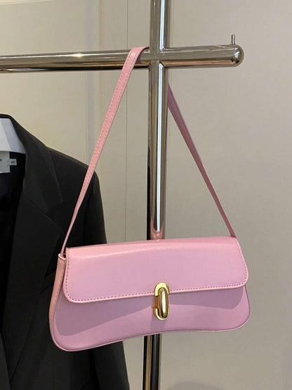 Women's Coffee Brown Shoulder Bag Quiet Luxury Metal Decor Small Underarm Purse - Pink