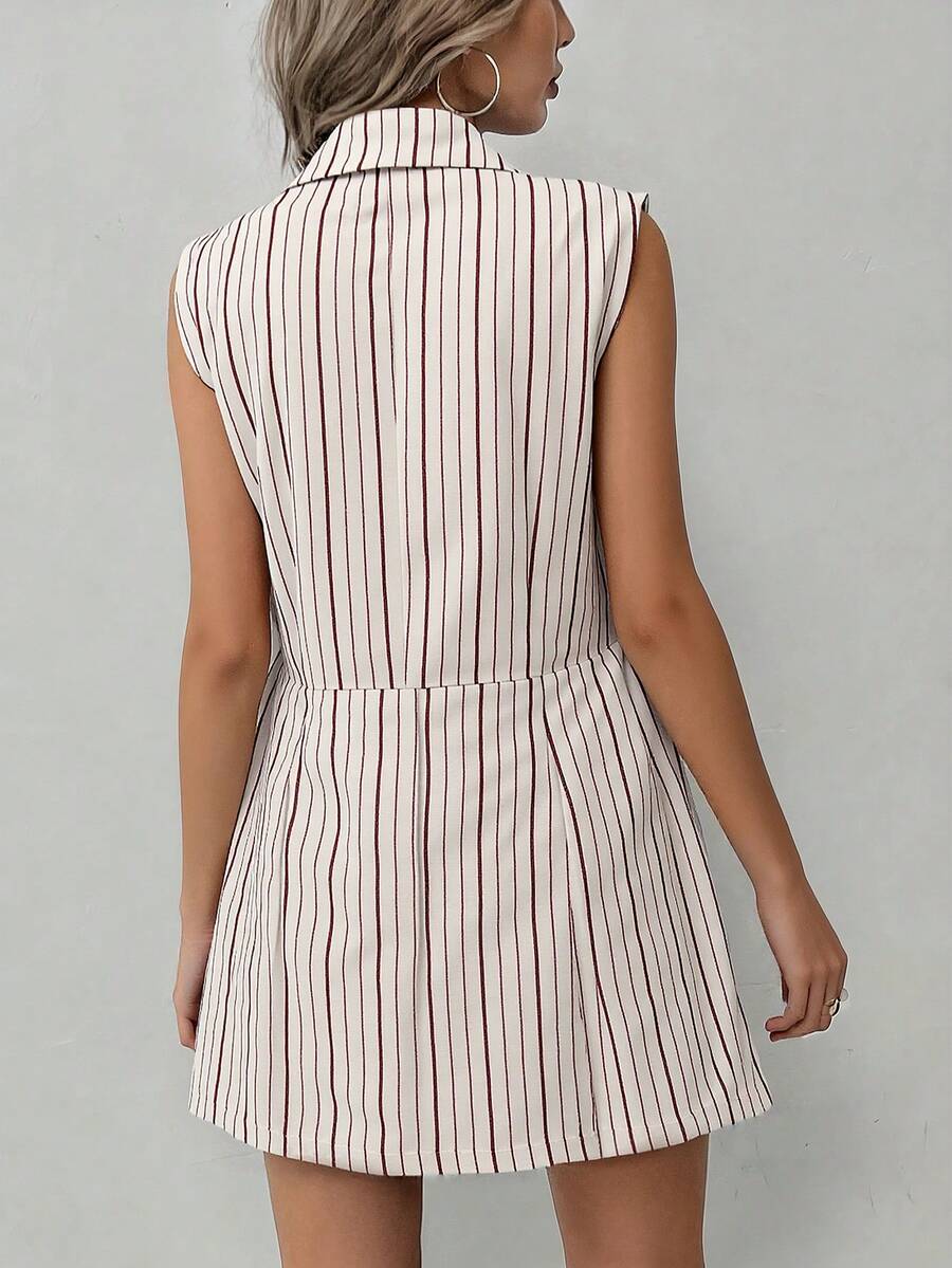 Sadie Two Piece Set Sleeveless Blazer Vest and Mini Skirt - Cream Pinstripe