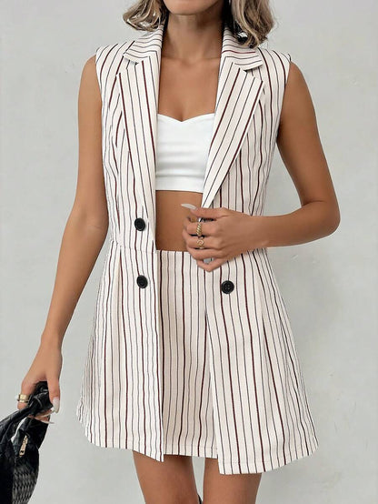 Sadie Two Piece Set Sleeveless Blazer Vest and Mini Skirt - Cream Pinstripe