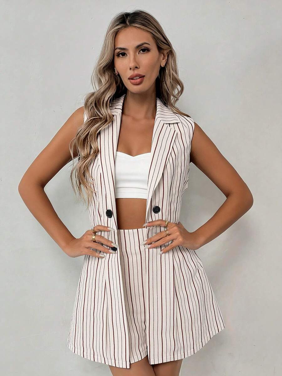 Sadie Two Piece Set Sleeveless Blazer Vest and Mini Skirt - Cream Pinstripe