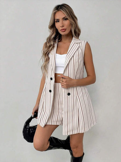 Sadie Two Piece Set Sleeveless Blazer Vest and Mini Skirt - Cream Pinstripe
