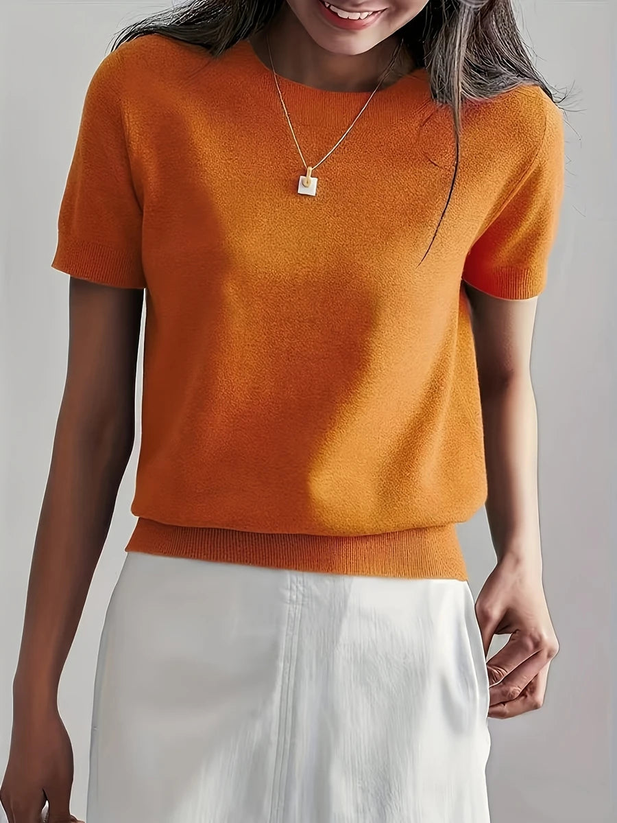 Women's Fine Rib Knit Short Sleeve Top, Fitted Stretch Tee for Layering and Work - White