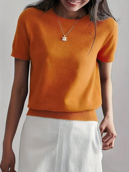 Women's Fine Rib Knit Short Sleeve Top, Fitted Stretch Tee for Layering and Work - White