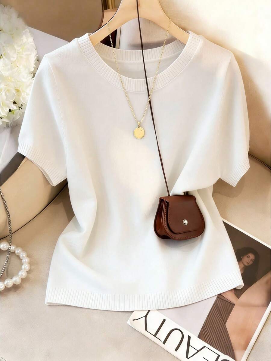Women's Fine Knit Short Sleeve Top, Crew Neck Sweater Tee for Work and Layering - White