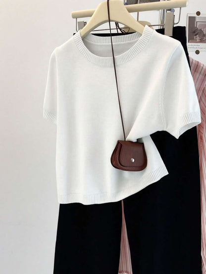 Women's Fine Knit Short Sleeve Top, Crew Neck Sweater Tee for Work and Layering - White