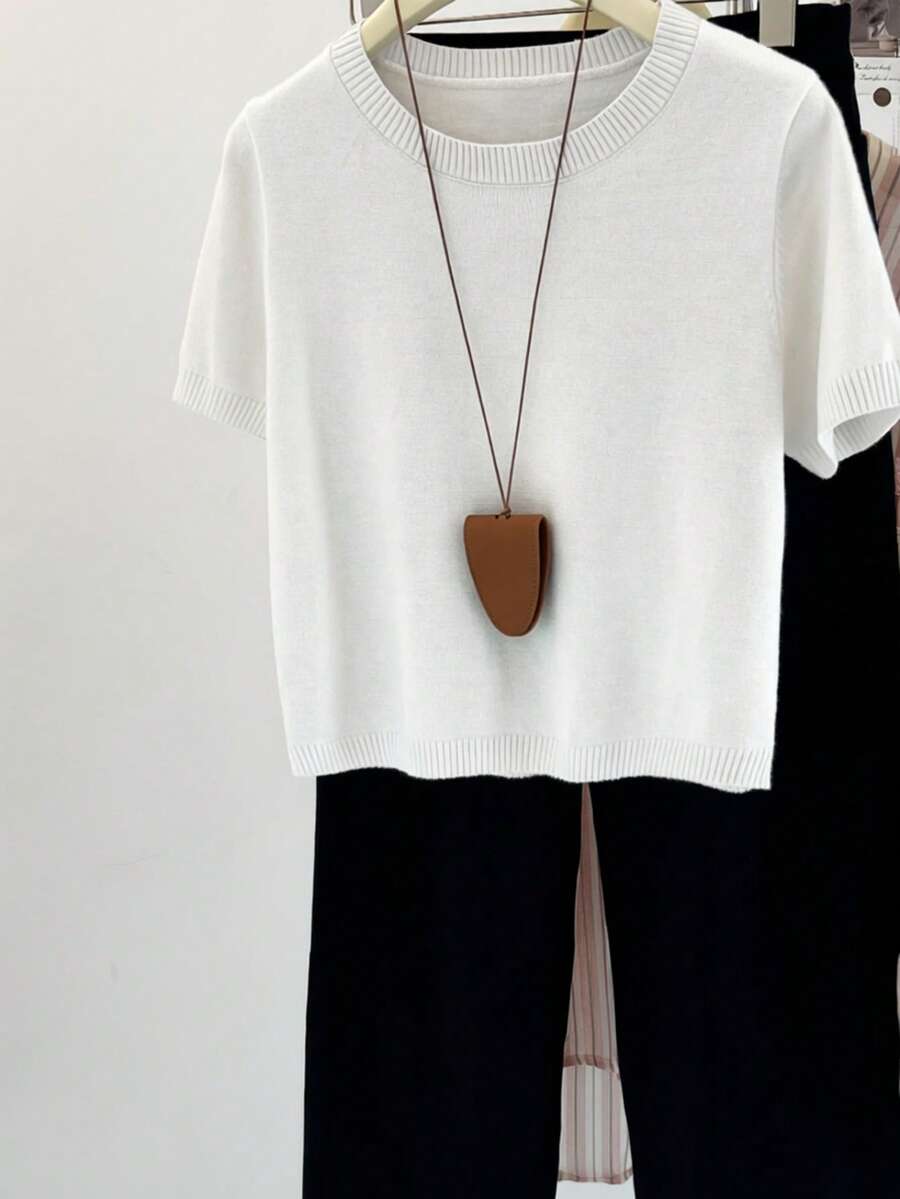 Women's Fine Knit Short Sleeve Top, Crew Neck Sweater Tee for Work and Layering - Yellow
