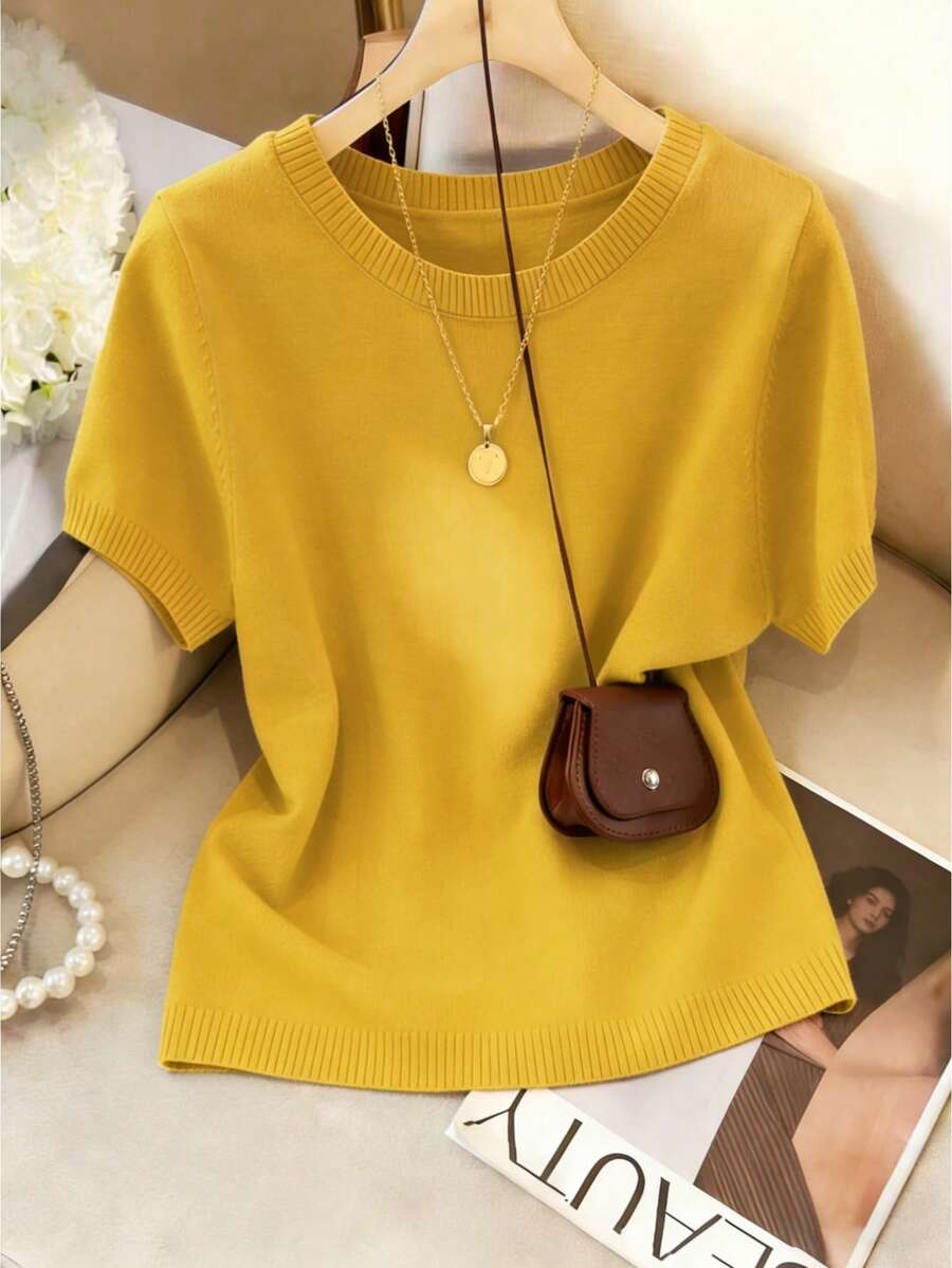Women's Fine Knit Short Sleeve Top, Crew Neck Sweater Tee for Work and Layering - Yellow