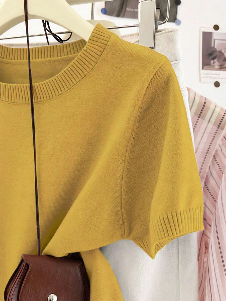 Women's Fine Knit Short Sleeve Top, Crew Neck Sweater Tee for Work and Layering