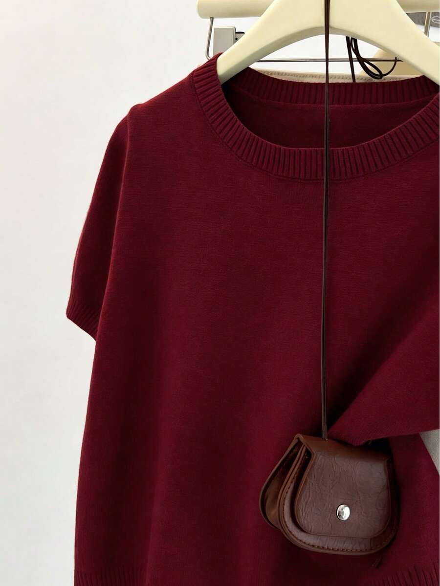 Women's Fine Knit Short Sleeve Top, Crew Neck Sweater Tee for Work and Layering - Grass Green