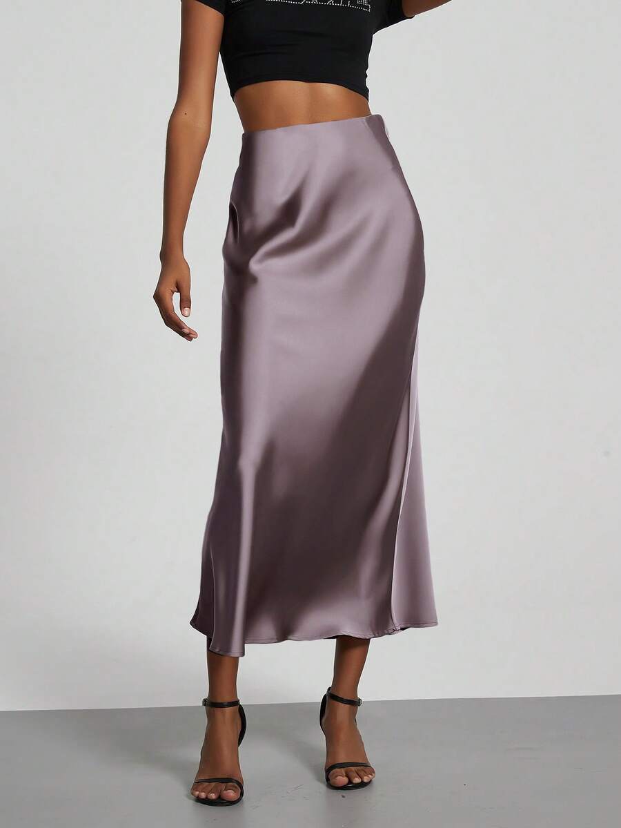 Rosabel Silky Satin Elastic Waist Maxi Slip Skirt - Mauve