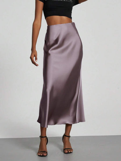 Rosabel Silky Satin Elastic Waist Maxi Slip Skirt - Mauve