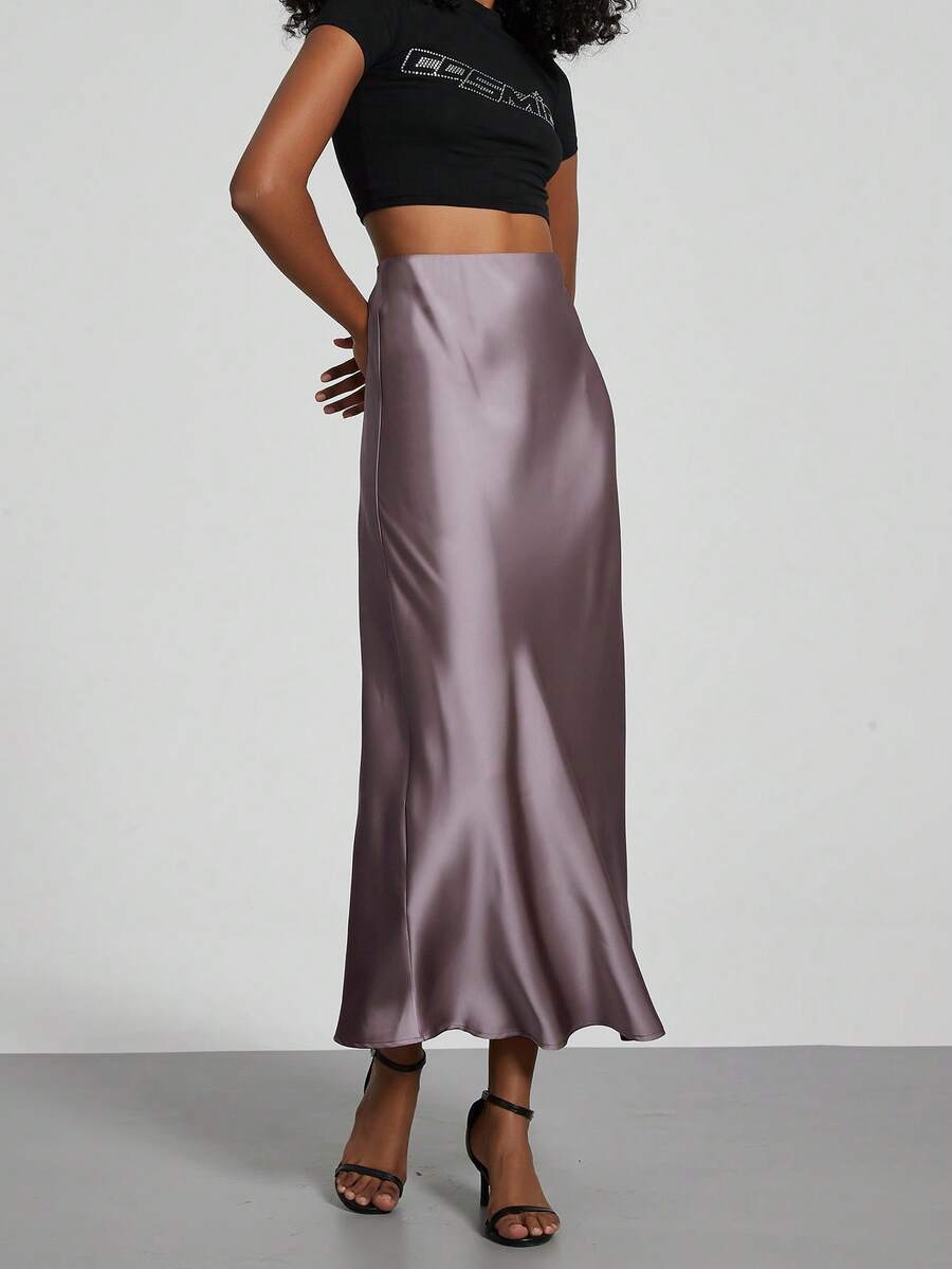 Rosabel Silky Satin Elastic Waist Maxi Slip Skirt - Mauve