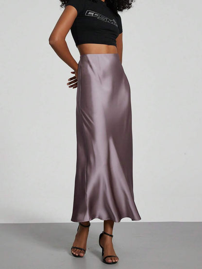 Rosabel Silky Satin Elastic Waist Maxi Slip Skirt - Mauve
