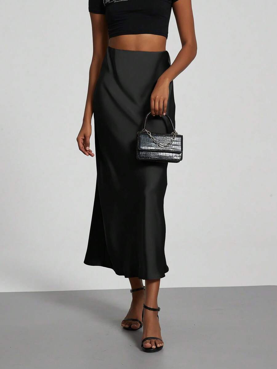 Rosabel Silky Satin Elastic Waist Maxi Slip Skirt - Black