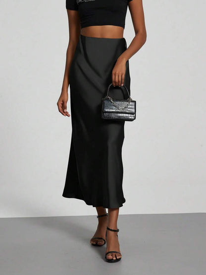 Rosabel Silky Satin Elastic Waist Maxi Slip Skirt - Black