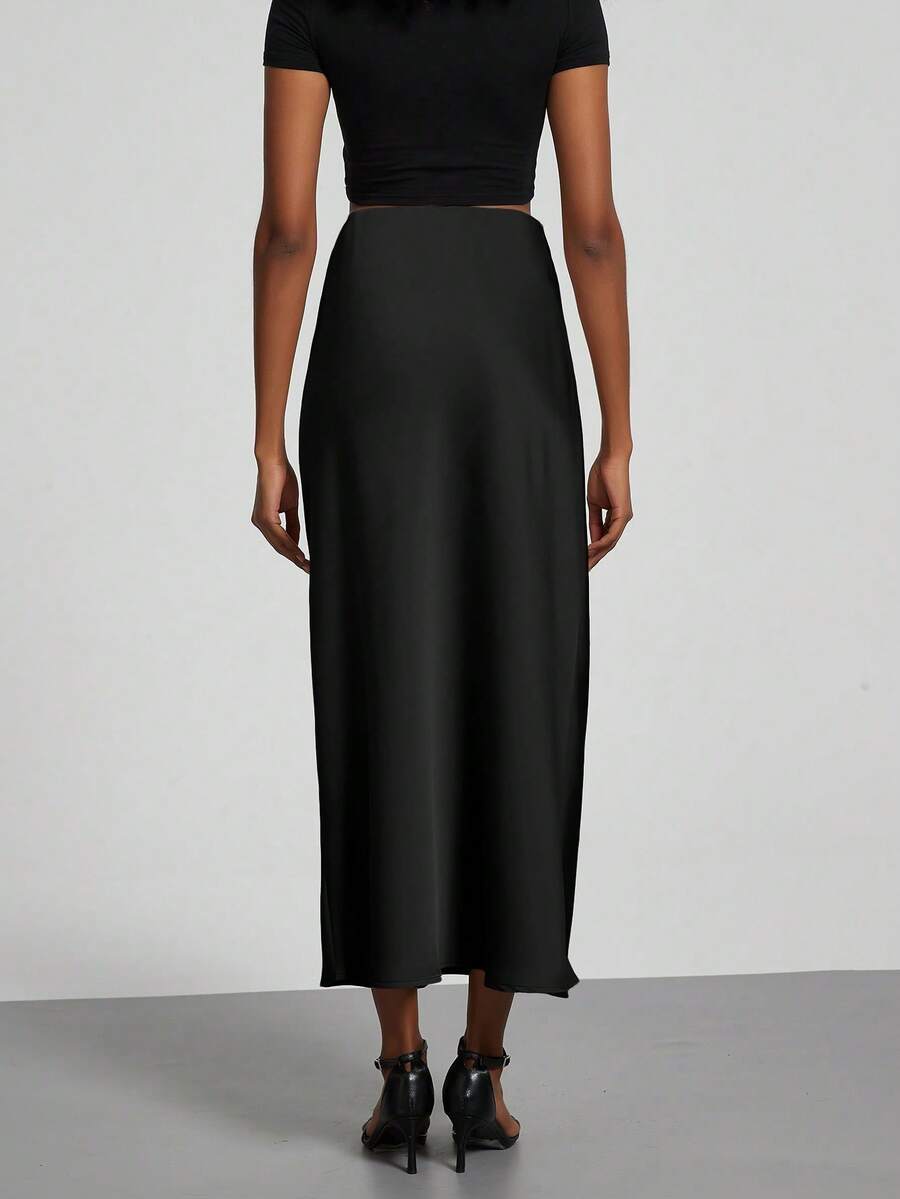 Rosabel Silky Satin Elastic Waist Maxi Slip Skirt - Black
