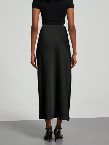 Rosabel Silky Satin Elastic Waist Maxi Slip Skirt - Black