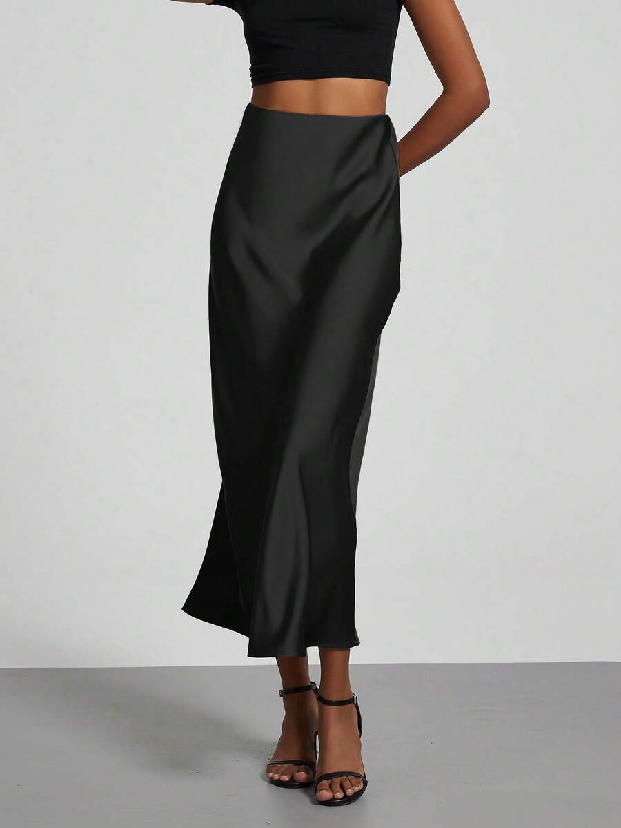 Rosabel Silky Satin Elastic Waist Maxi Slip Skirt - Black